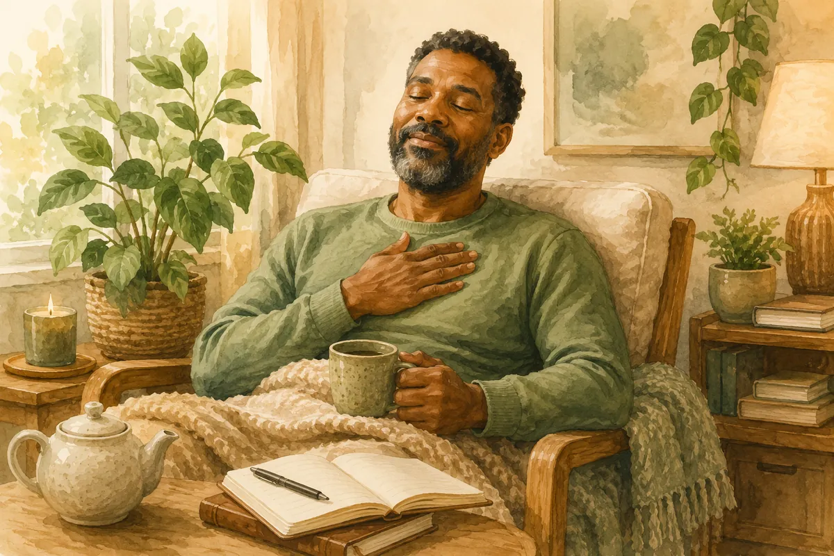 A man rests in a cozy chair with one hand over his chest, holding a mug beside a journal, teapot, candle, and plants.