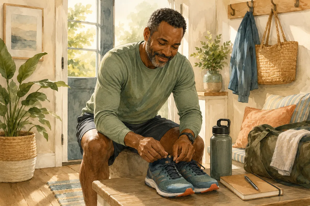 A man ties his running shoes beside a water bottle and notebook in a bright, plant-filled entryway.