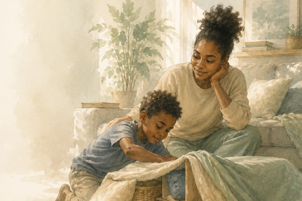 A child builds a blanket fort on the floor while a parent watches nearby in a bright, cozy living room.