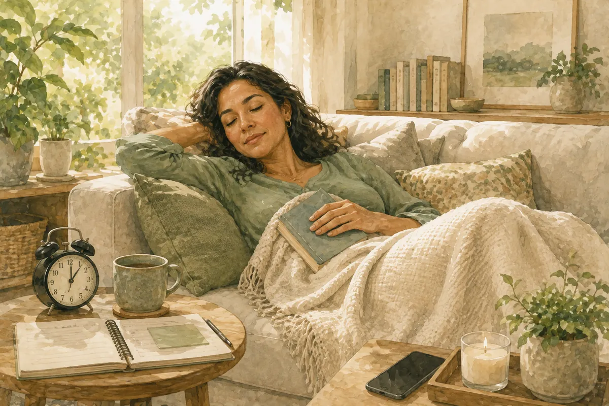 A woman naps peacefully on a sofa under a light blanket, with a book on her lap and a nearby table holding a mug, planner, and alarm clock in a bright living room.