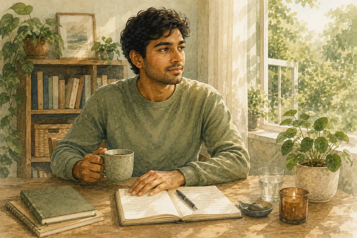 A man sits by a sunlit window holding a mug, with an open notebook, candle, water glass, and potted plants arranged on the table around him.