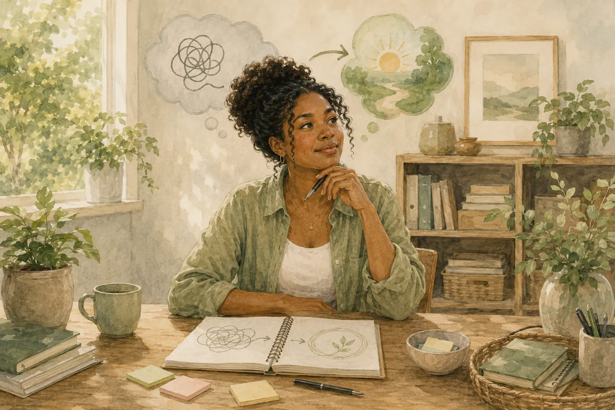 A woman sits at a desk with an open notebook, books, sticky notes, and houseplants, pausing thoughtfully as simple sketches in the notebook suggest ideas becoming clearer.
