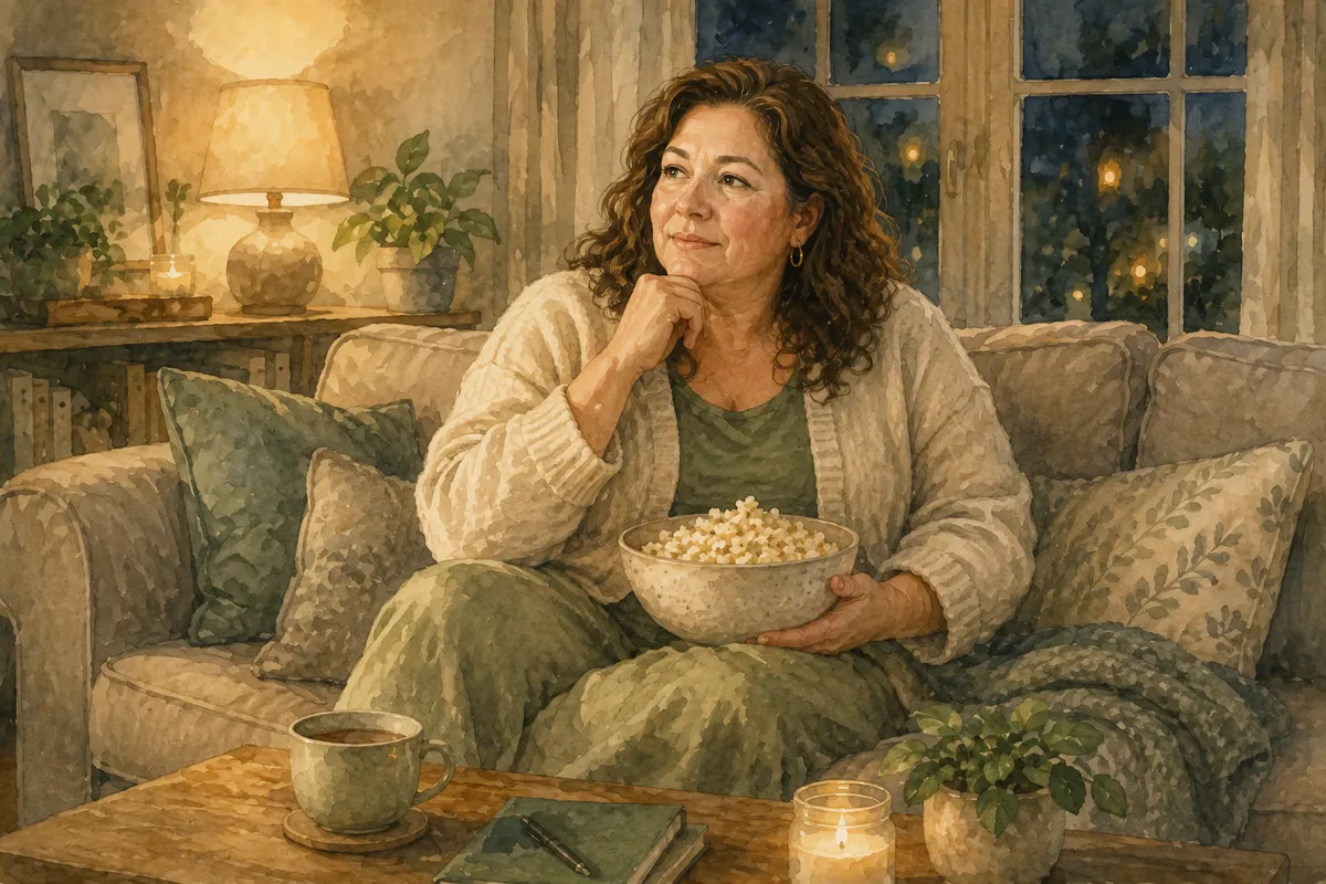 A woman sits on a sofa in a softly lit living room holding a bowl of popcorn, with a mug, candle, journal, and pillows creating a calm evening setting.