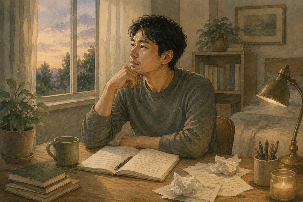 A man sits at a desk at dusk, looking out a window with an open notebook, crumpled papers, books, a lamp, and a candle nearby.