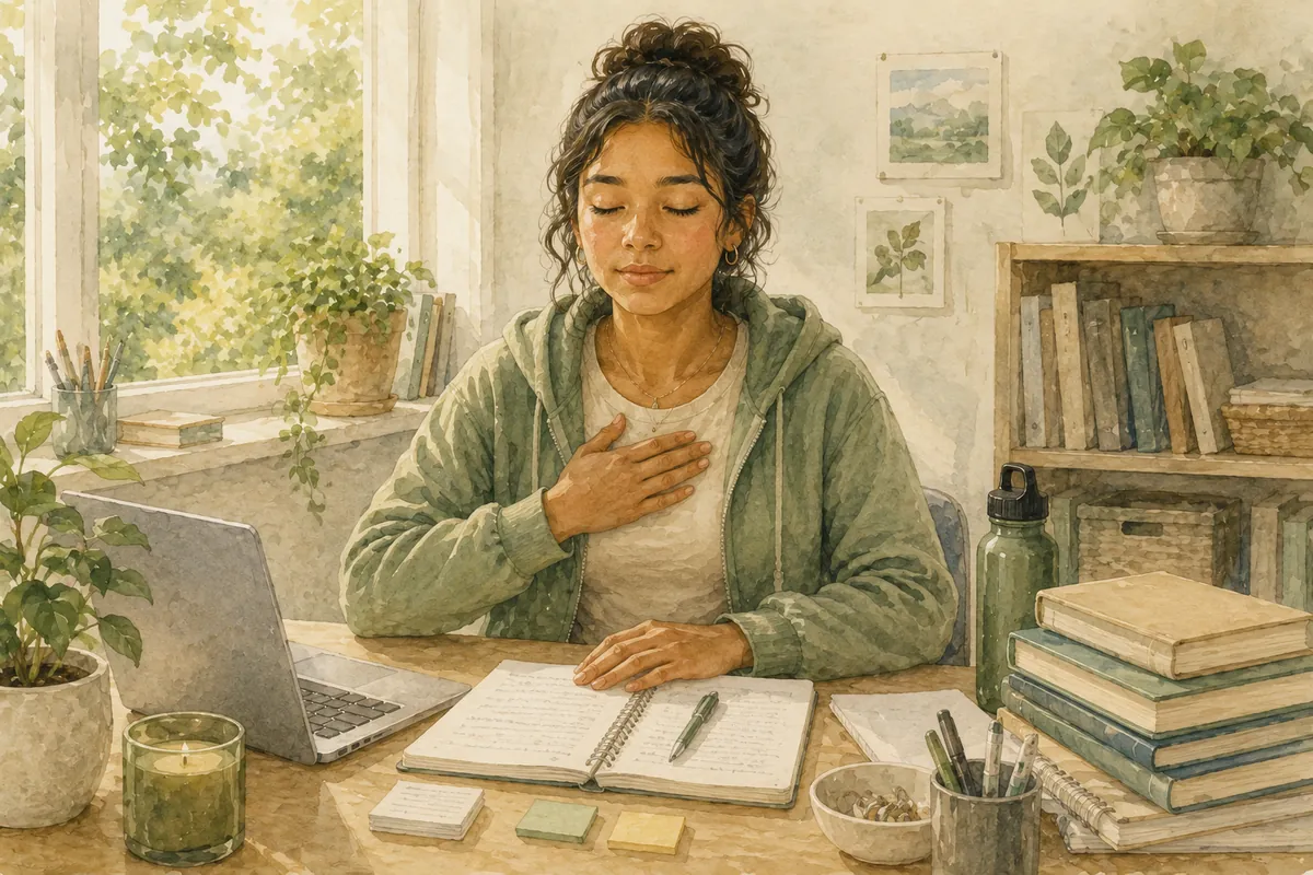 A student sits at a desk with one hand on her chest and the other near an open notebook, surrounded by books, a laptop, sticky notes, and study supplies in a bright room.
