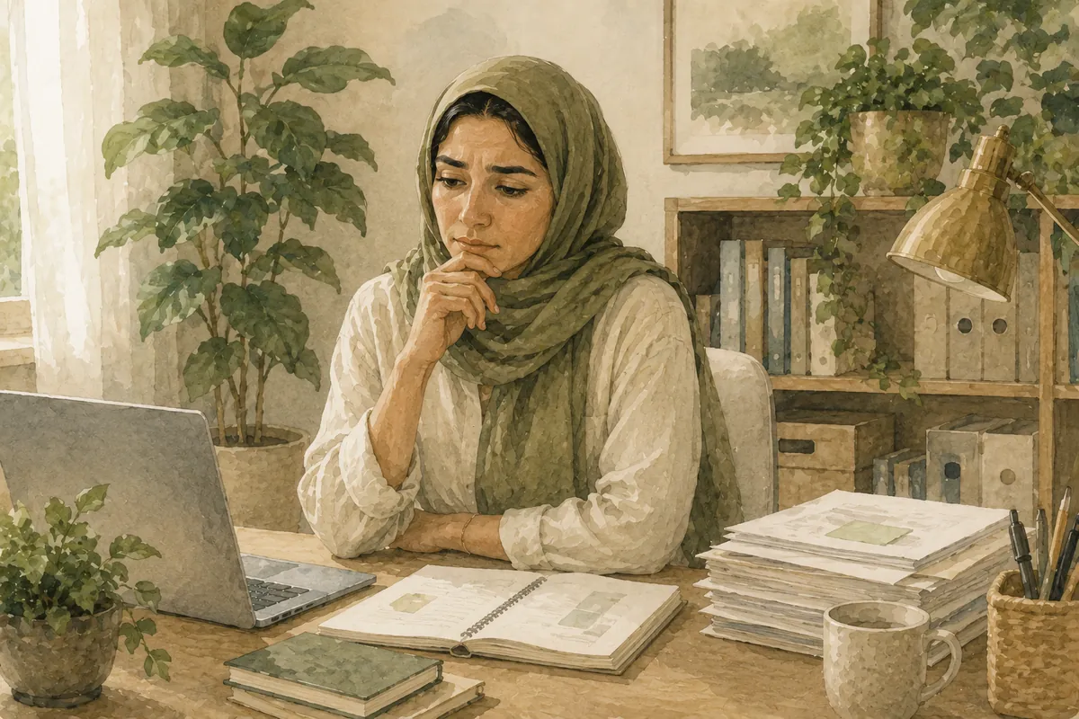 A woman in a headscarf sits at a desk with a laptop, open notebook, stacked papers, a mug, and plants, resting her hand thoughtfully near her chin in a tidy home office.