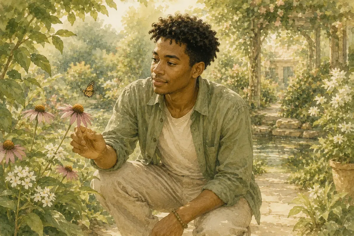 A young man crouches in a lush garden, gently studying flowers and a butterfly along a sunlit path beside a small pond.