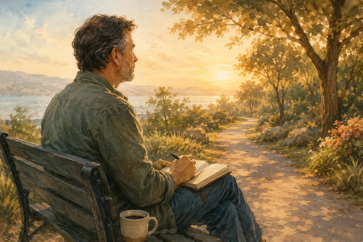 A middle-aged man sits on a bench with a journal, looking toward a sunlit path and distant water at golden hour.