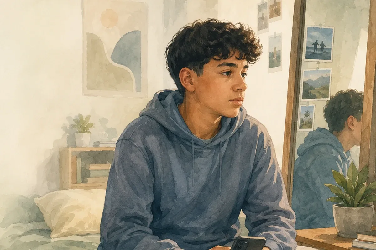 A young person sits on the edge of a bed holding a phone in a softly lit bedroom, looking thoughtful and reluctant to wind down.