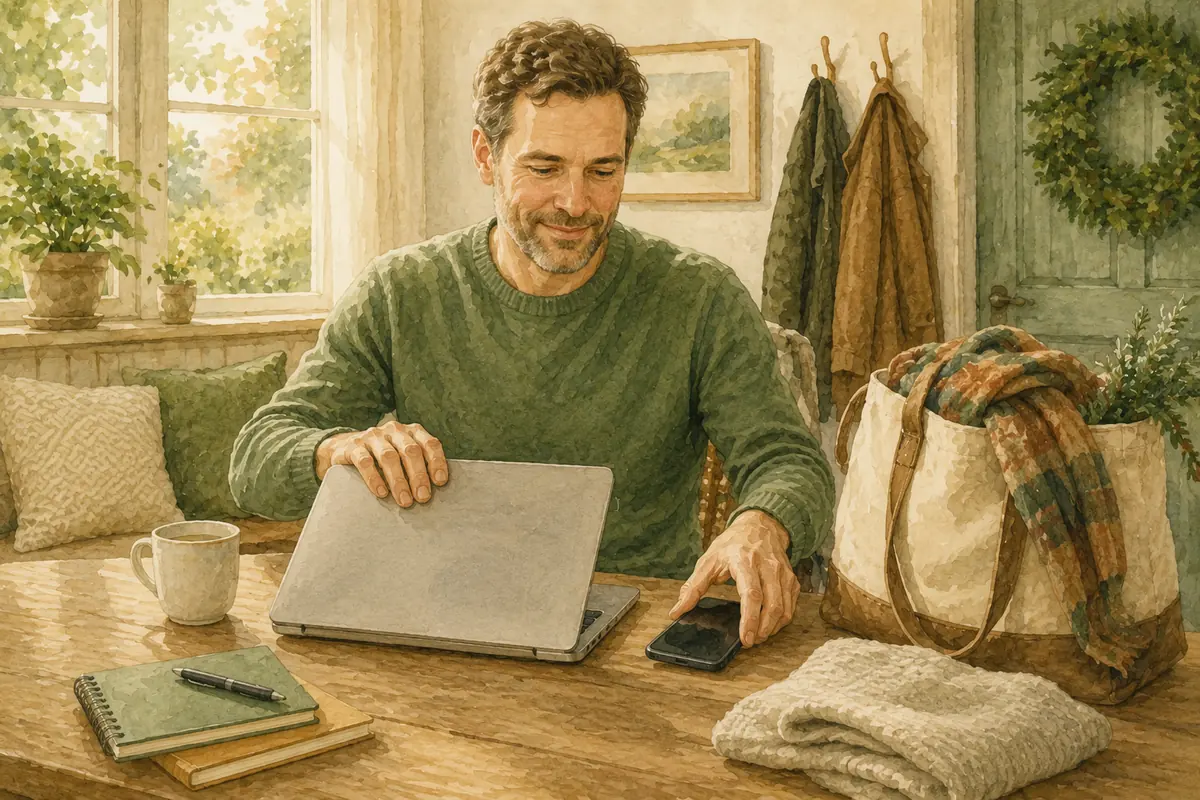 A man smiles as he closes a laptop and sets a phone aside at a wooden table, beside a packed tote, scarf, mug, notebooks, and a folded sweater in a bright home entryway.