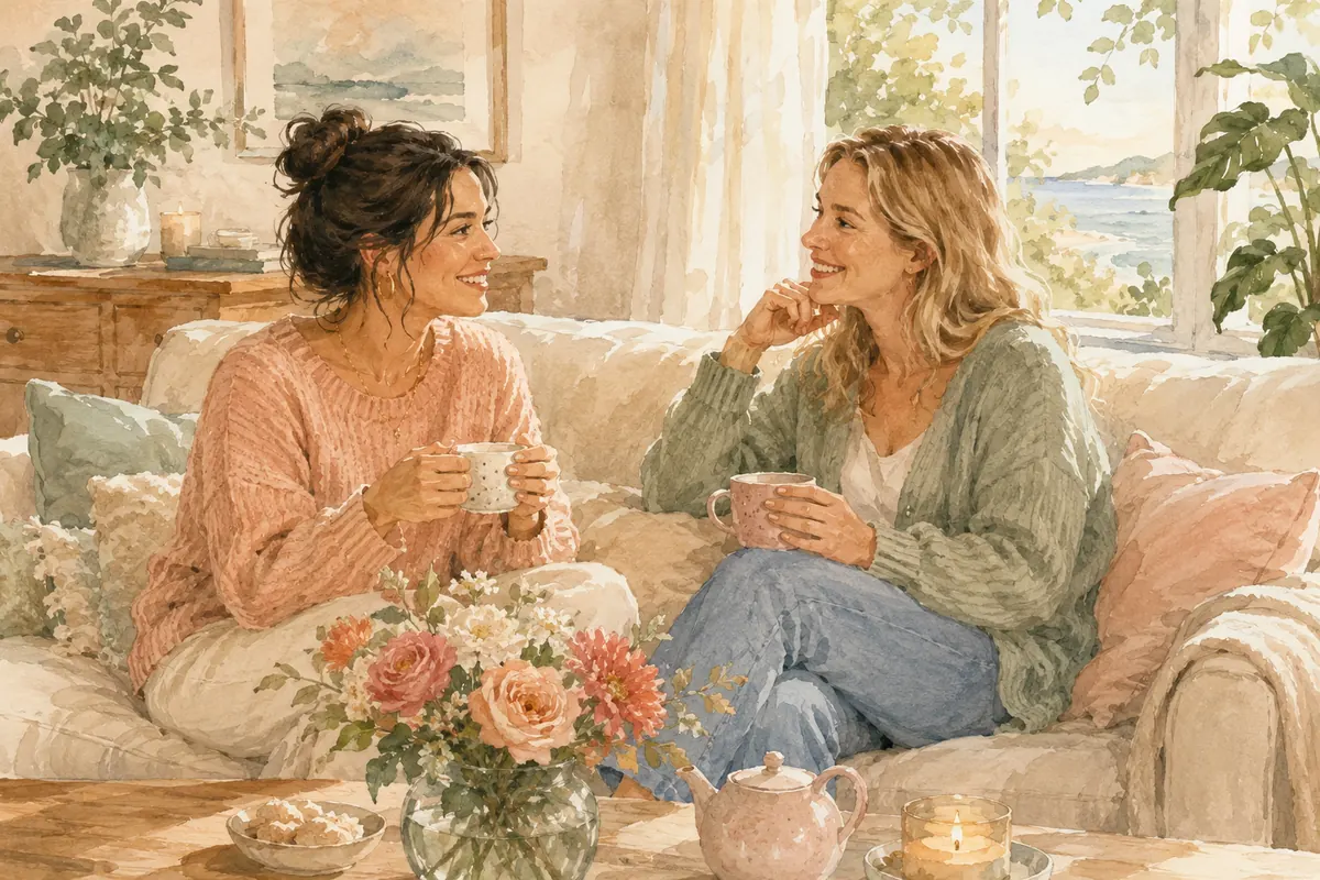 Two women share tea and an easy conversation on a bright sofa beside flowers and soft coastal light.