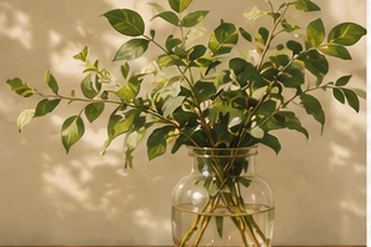 Fresh leafy branches stand in a clear glass vase on a sunlit wooden table.