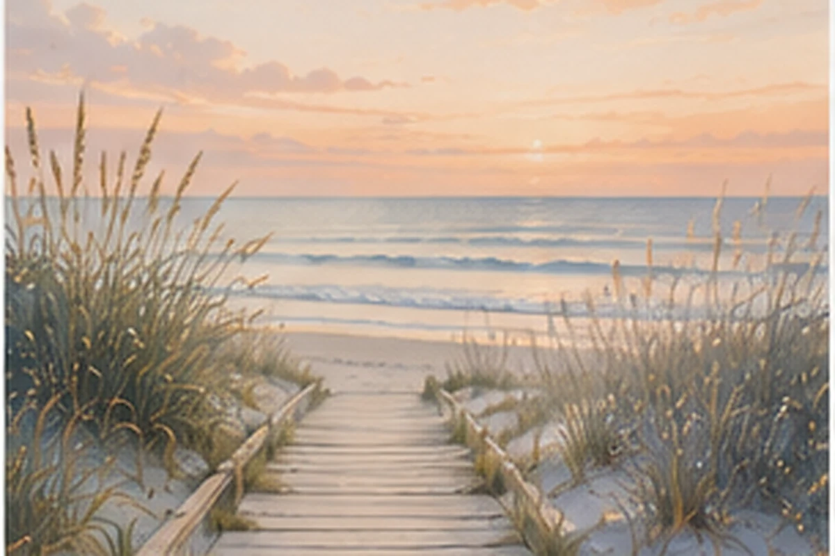 A wooden boardwalk leads through coastal grasses toward a calm ocean at sunrise.