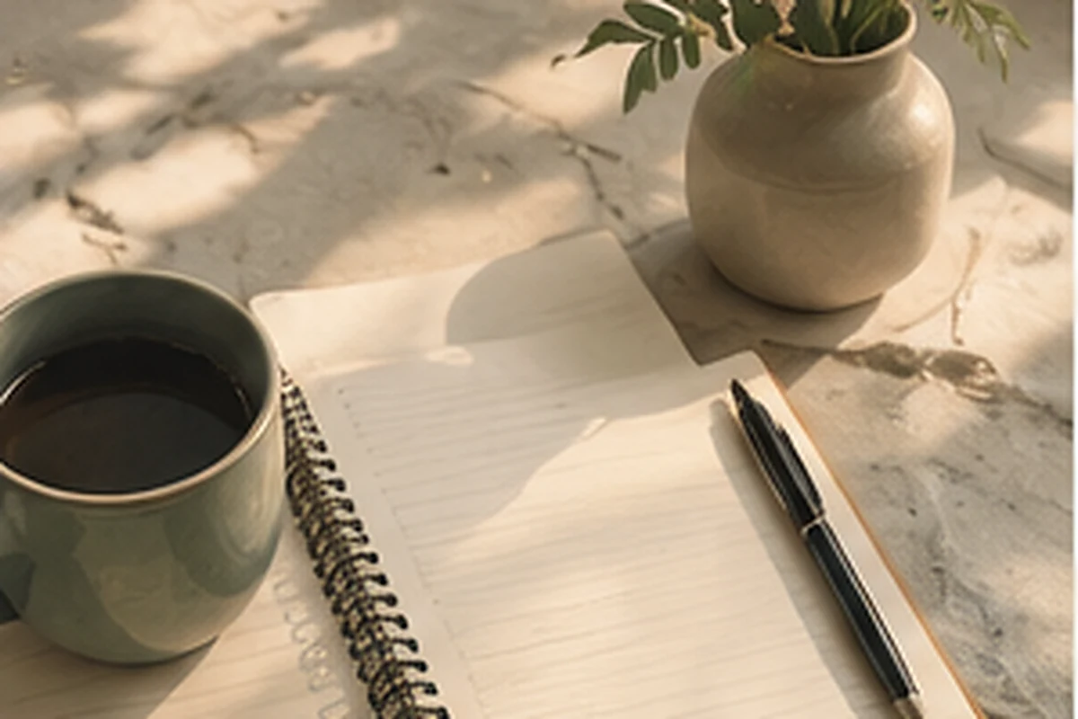 An open notebook and pen sit beside a mug and potted plant on a sunlit desk.