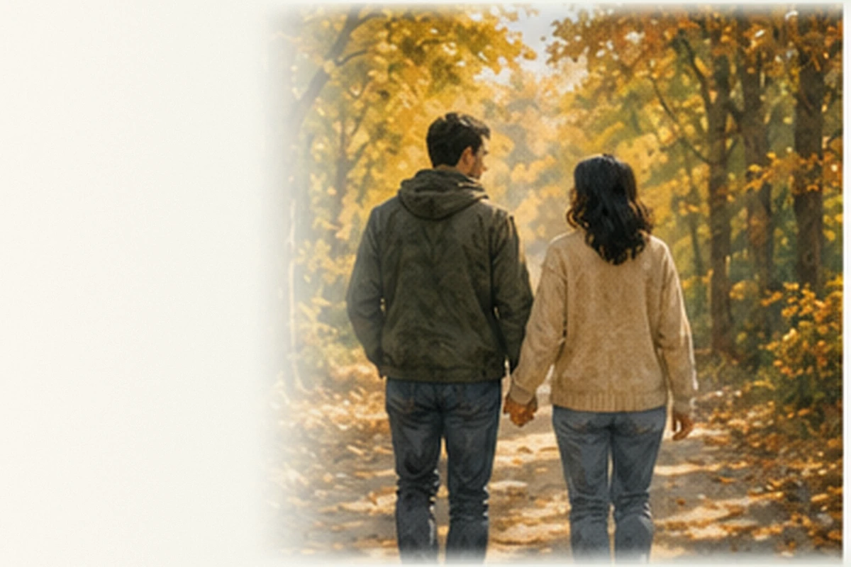 A couple walks side by side along a tree-lined path in warm autumn light.
