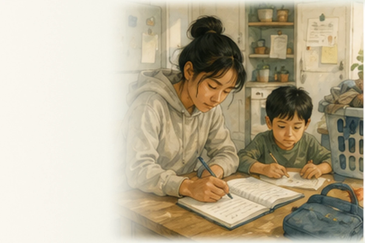 A teenage girl helps her younger brother with schoolwork at a kitchen table while household tasks surround them.