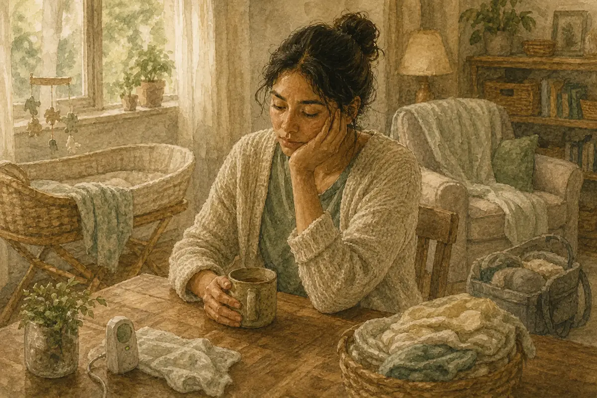A mother sits at a kitchen table beside a bassinet with her chin in her hand, a baby monitor and folded laundry in front of her and an untouched mug of tea.