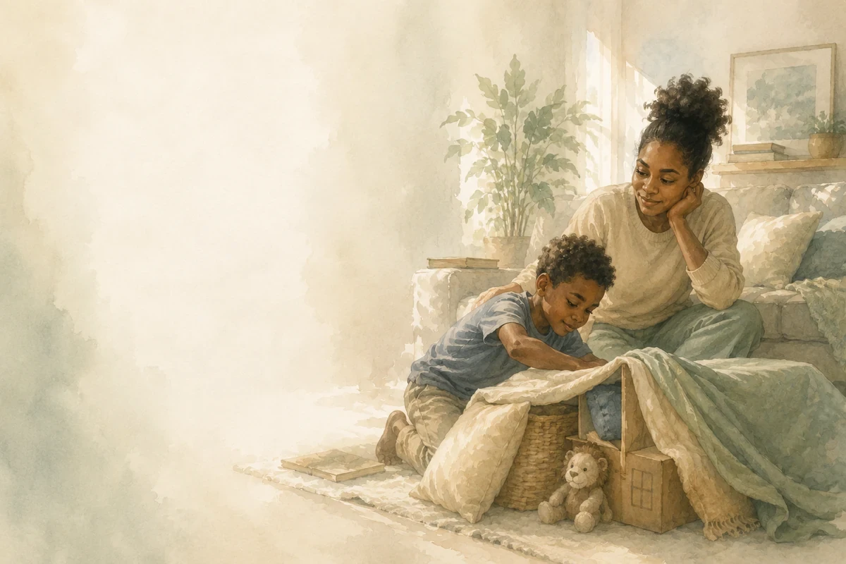 A child builds a blanket fort on the living-room floor while a nearby parent watches with a calm, encouraging expression.