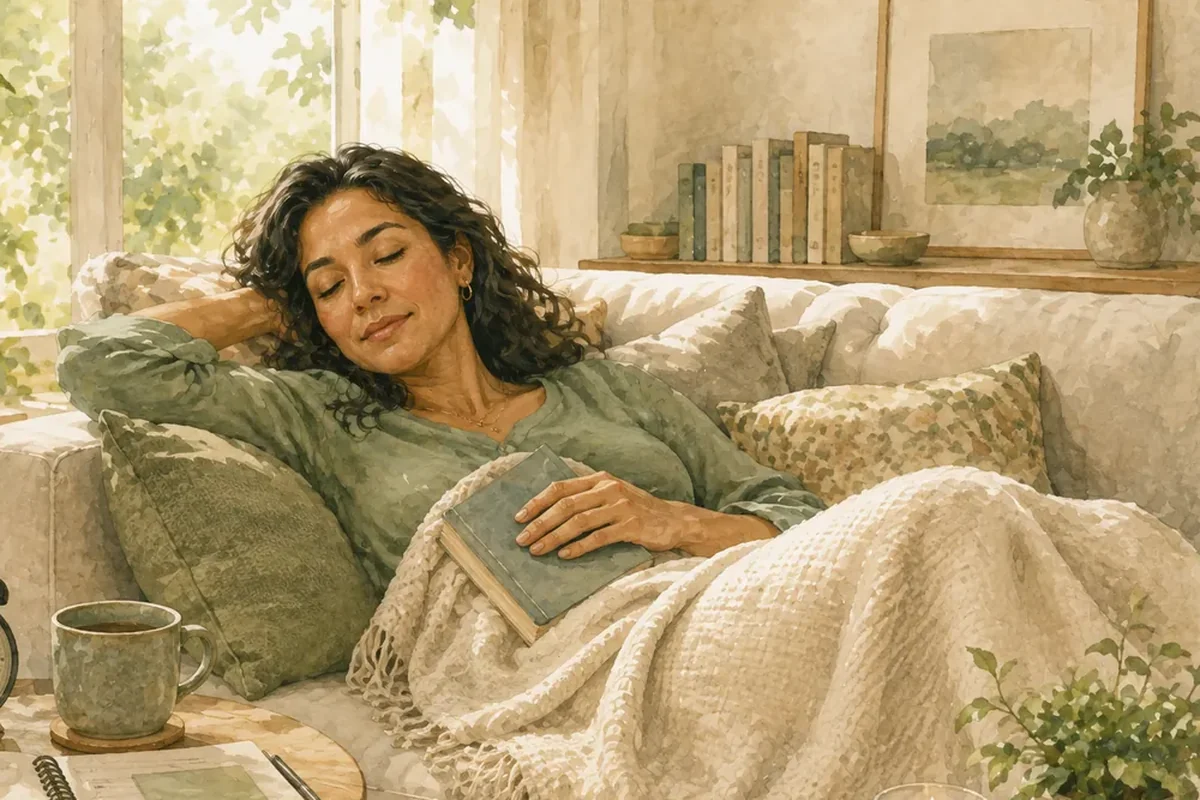 A woman rests peacefully on a sofa under a soft blanket with a book nearby in a calm, sunlit room.