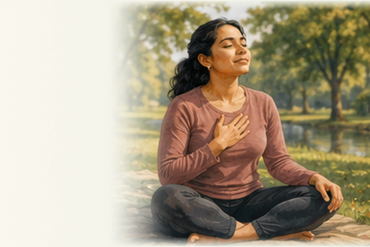A woman sits cross-legged outdoors with one hand over her chest, practicing slow breathing.