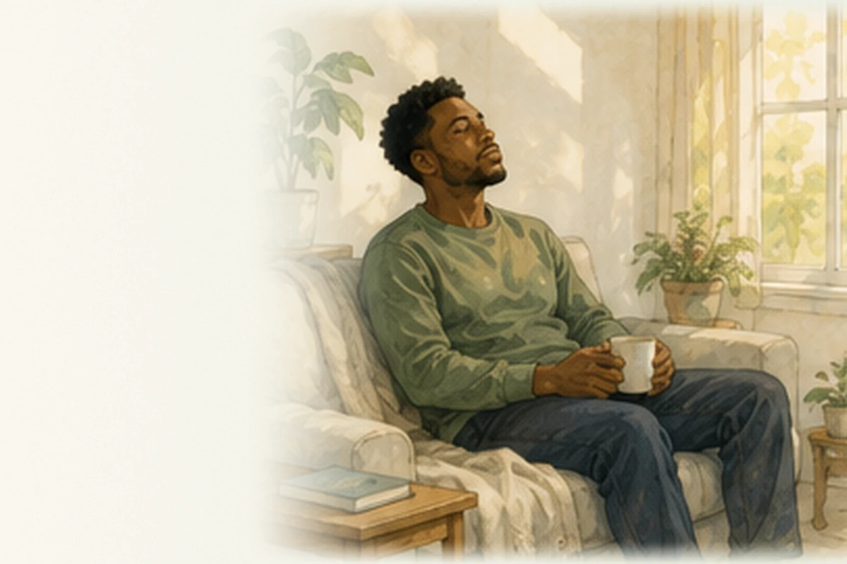 A young Black man sits on a sofa in a sunlit living room, eyes closed and holding a warm mug.