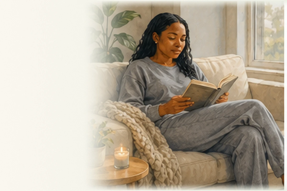 A woman relaxes on a sofa with a book, blanket, candle, and soft natural light.
