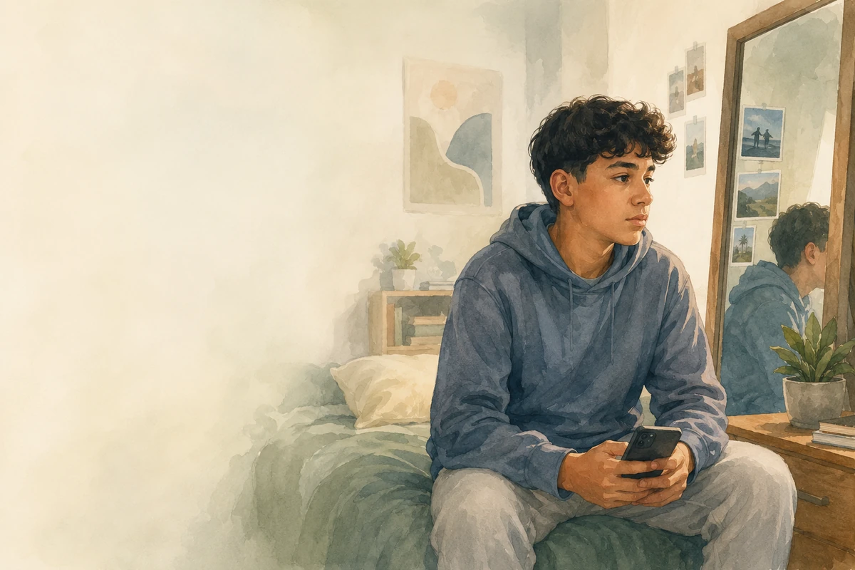 A teenage boy sits quietly in his bedroom with a phone in hand beside an unmade bed.