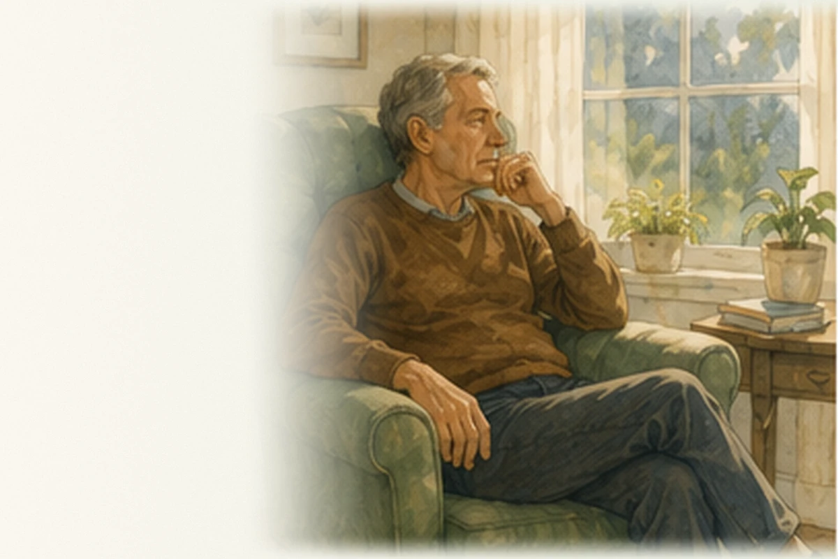 An older man sits in an armchair looking out the window, appearing restless despite the quiet room.