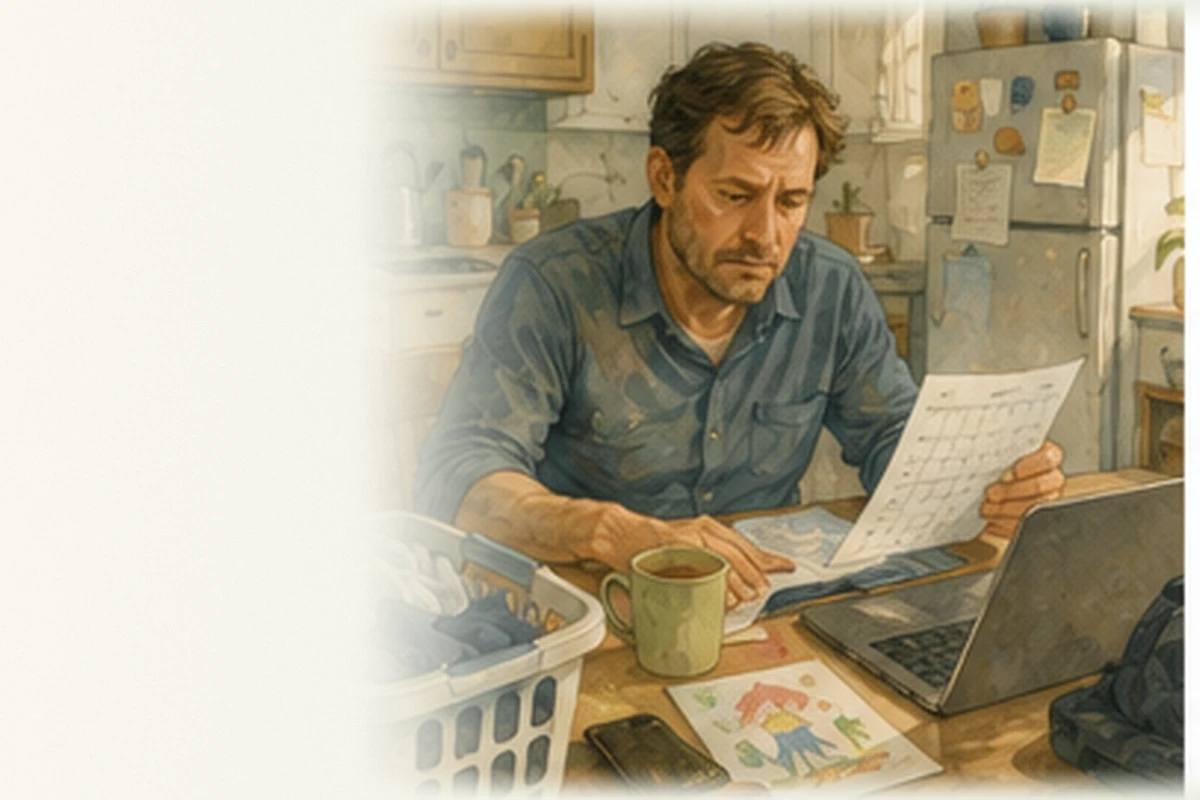 An exhausted father sits at a table with a laptop, calendar, lunch container, laundry, and household papers.