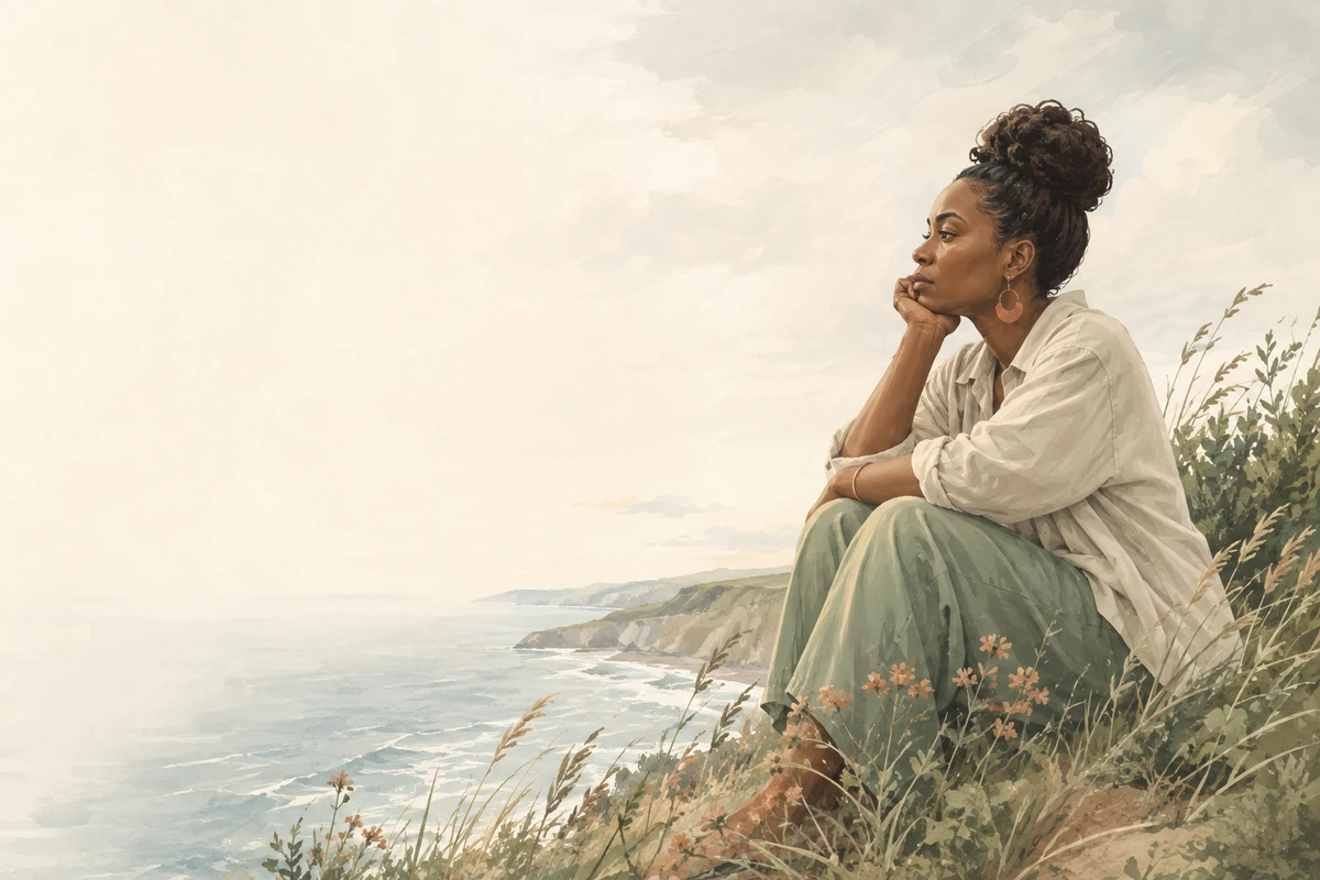 A Black woman sits alone on a grassy coastal hillside, gazing into the distance in deep thought.